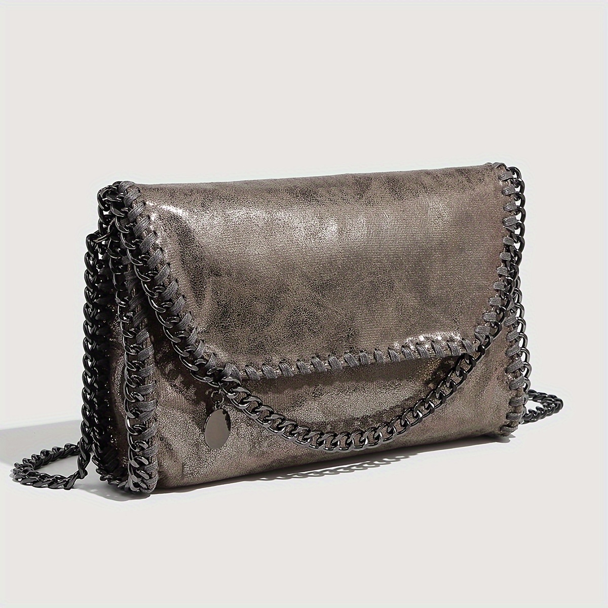 

Sac Bandoulière Chic en Similicuir Noir avec Bandoulière Chaîne, Fermeture Magnétique et Doublure en Polyester - Style Punk, Sac Bandoulière Chic de Couleur Unie