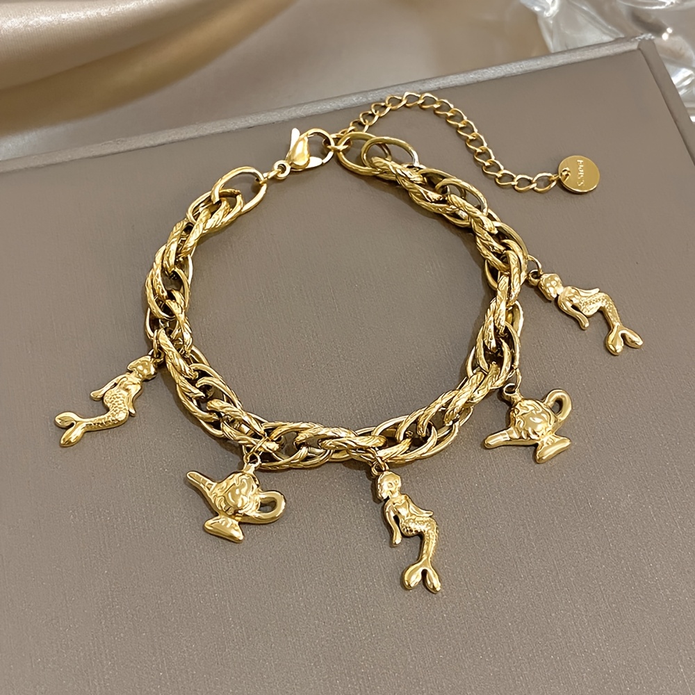 TEMU Bracelet 1 pièce en acier inoxydable avec chaîne épaisse et nœud torsadé volumineux pour homme et femme, bijou de poignet épais doré style punk