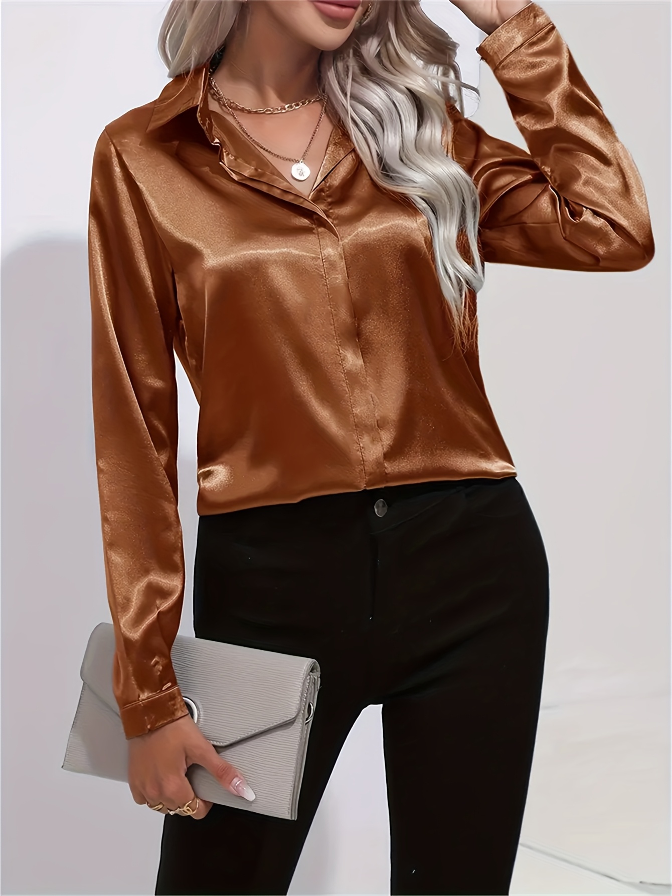 Elegant Women'S Long Sleeve Satin Shirt Solid Color, Button-Up with Lapel  Collar, Regular Fit, for Stylish Office or Casual Wear Wear Elegant 