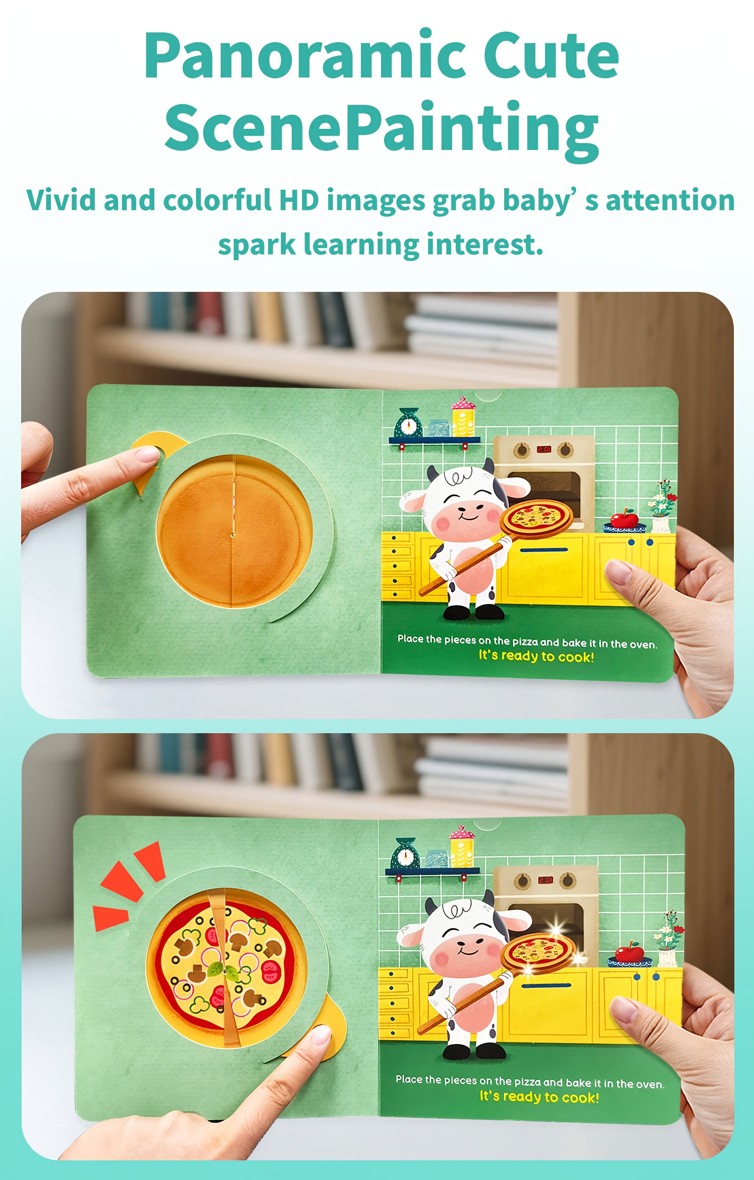 Baby Cow Lift-the-Flap Books, Good eating habit formation, Interactive picture, Cow'S Pizza Day, push-pull book, Early education enlightenment, Illustrated by Canadian Artist, Birthday Gift, Bear Tale