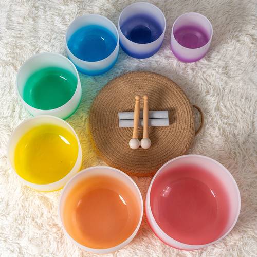 quartz crystal set of 7 6 12 inch aria gradient design for meditation yoga with case mallet striker