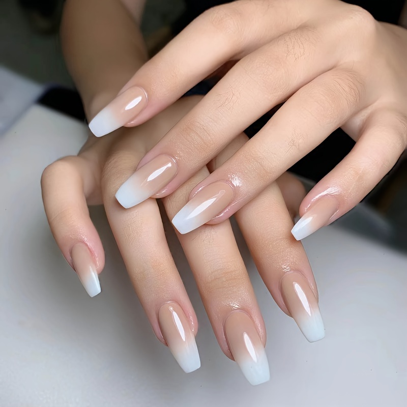 24pcs Medium Length Gradient Cream White Trapezoidal Press-on Nails, Ice -on Nails, With Jelly Glue And File, Very Suitable For And Women' Wear