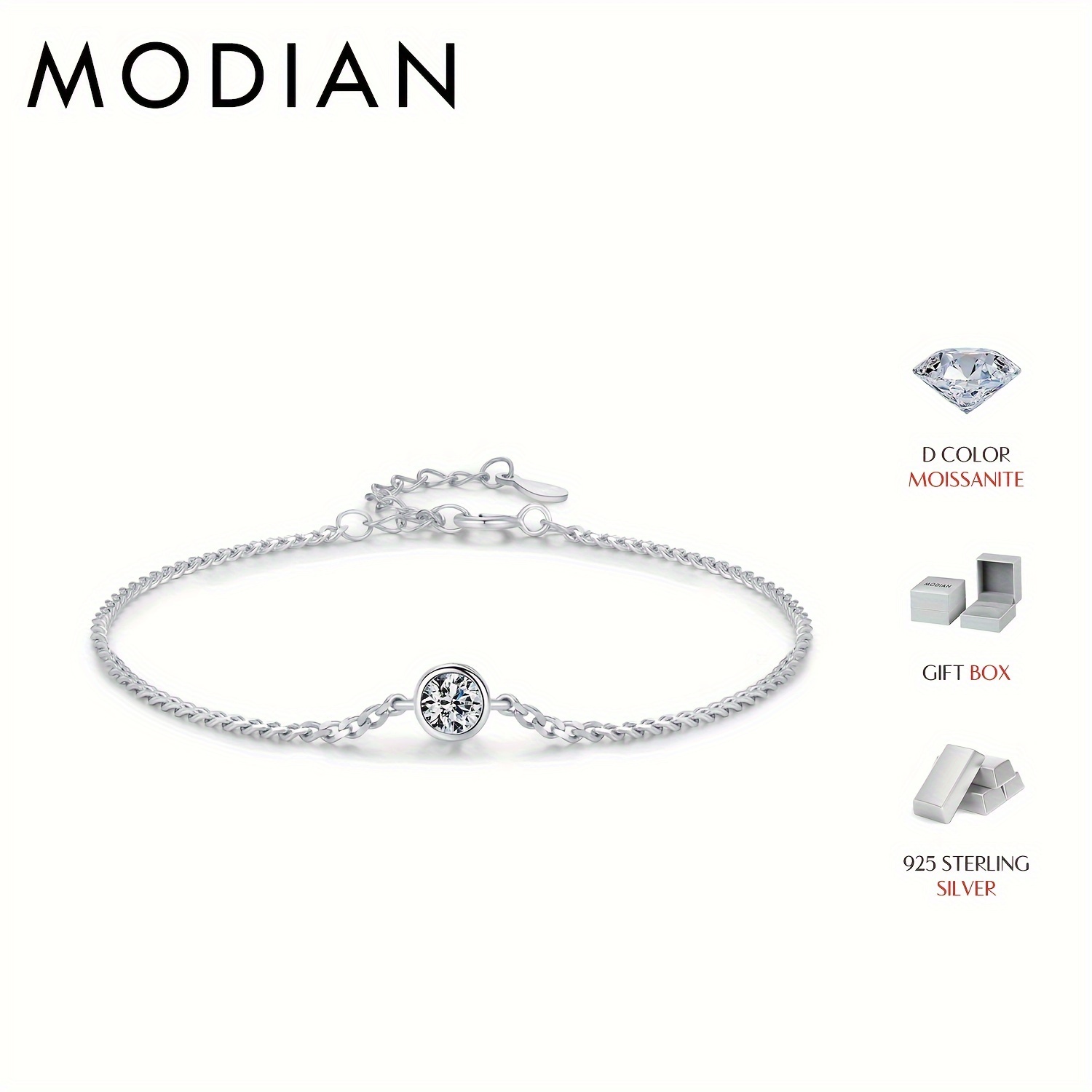 Round Solitaire Moissanite Bracelet with 925 Sterling Silver Chain