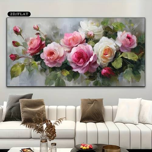 item picture 2d flat 1pc large modern abstract frameless canvas wall art oversized bohemian minimalist botanical painting poster pink green rose bouquet suitable for bedroom decor suitable for office 2d flat