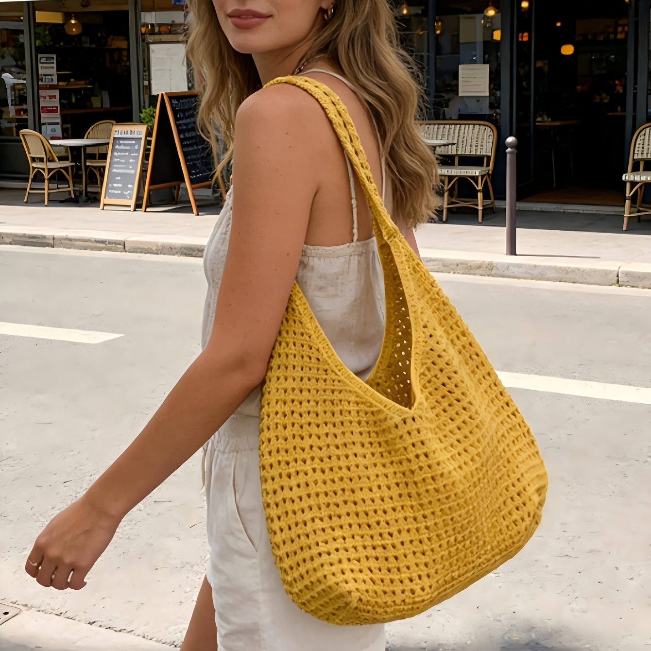 TEMU Grand Sac Bandoulière Crochet Bohème Femme Grande , Sac Fourre-Tout Tissage Creux Tendance, Sac Bandoulière Crochet , Nouveau Sac à Main Creux