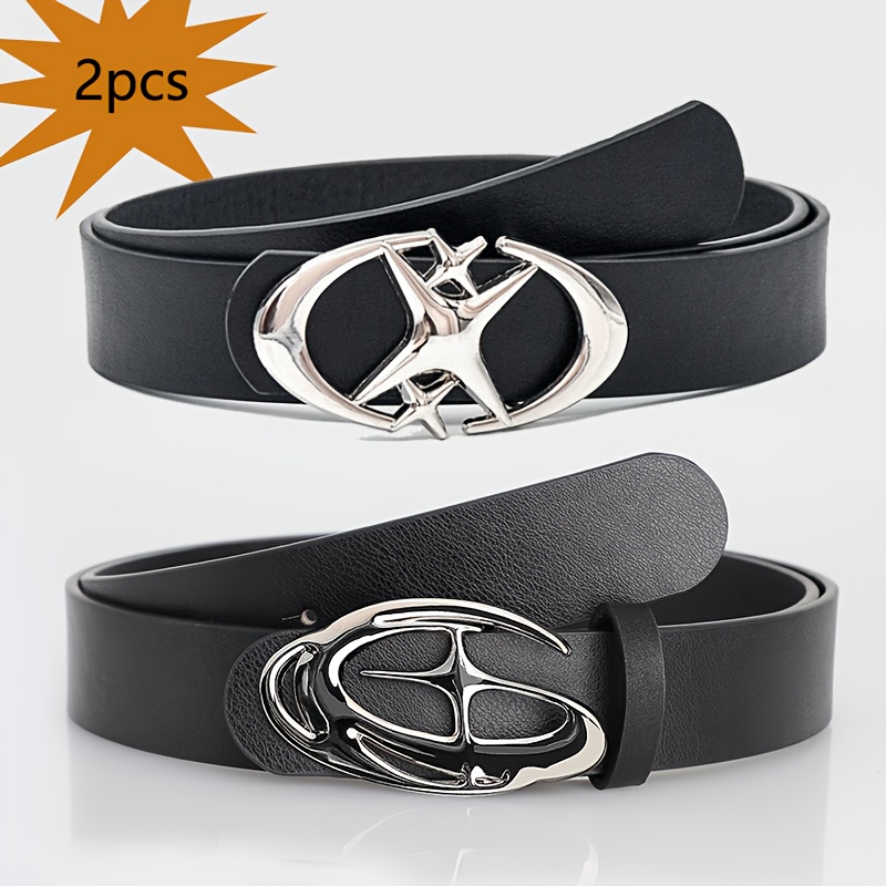 TEMU A Set Of 2 Punk-inspired Black Pu Belts Featuring Star Buckles, Fashion. Ideal For Pairing With Jeans Or Shorts, Additions Are Great For Men And