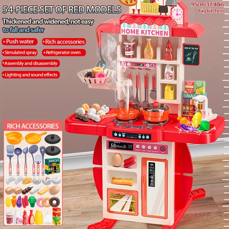 

37.4-inch Tall Pretend Kitchen Toy Set For Kids, Featuring Realistic Kitchen Items, Complete With Real Sounds And Lights, For Children Aged 3 To 8, Consisting Of 54 Small Toy Pieces.