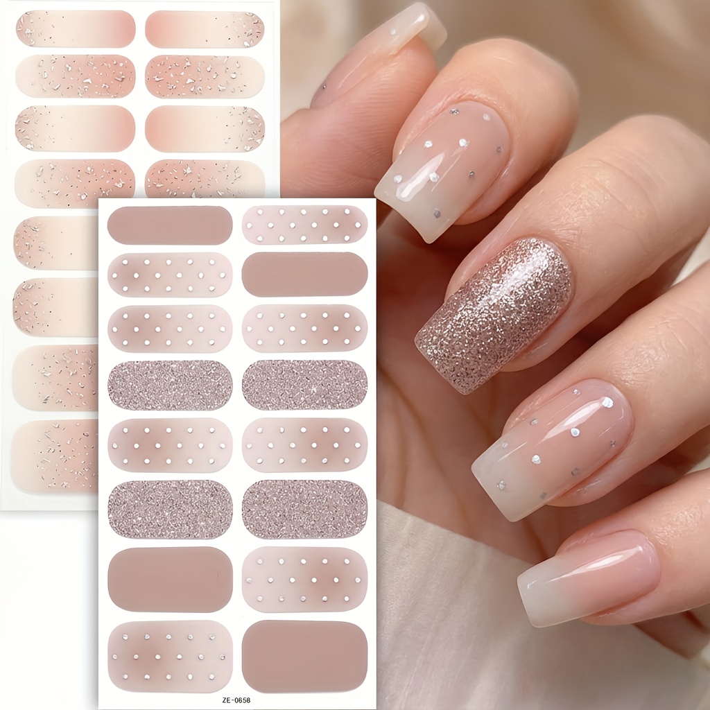 Image of 2 Sheets Full Nail Wraps, Spring Gentle Temperament Nude Nail Art Sticker Set, Nude Gradient With Glitter Polka , Ladies And Party Dating Shopping Nail Art Diy Essential Nail Art Supplies