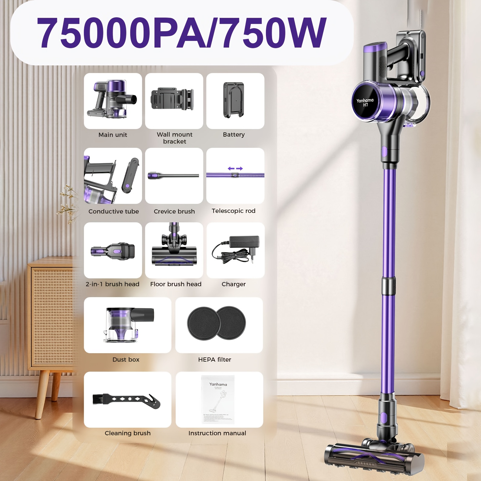 Image of H7 75kpa Cordless Vacuum Cleaner, Handheld Vacuum With 7-level Filtration, 180° Flexible Steering, Multi-accessory For , Deep Cleaning Of Homes, Pet Hair, Sofa And Floor Care, New Purple Golden