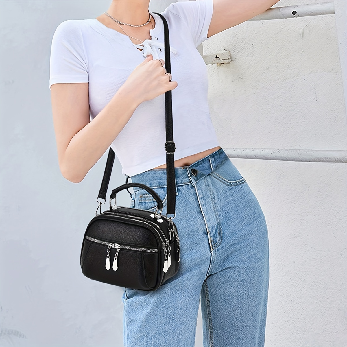 

Black Fashion Casual Shoulder Bag With Zipper Closure, Pu Material, Detachable Strap, Solid Color, Lightweight, Polyester Lined, No Embellishment, Care Instructions Included - Single Piece