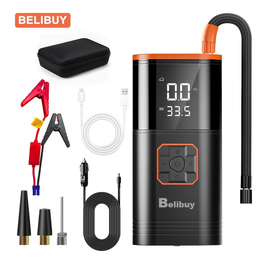 TEMU BELIBUY Arrancador Canjumper de emergencia 8 en 1 e inflador de neumáticos con pantalla digital, luz LED, instantáneo, detección de presión de