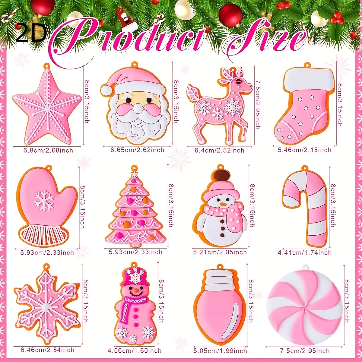 TEMU 2d Flat, 2d Flat Plane, 2d/flat - 12pcs Pink Christmas Tree Ornaments, Christmas Candy Cane Lollipops, Santa Claus Ornaments, Cute Traditional