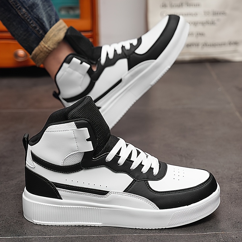 Men'S High-Top Casual Sneakers - Black & White Two-Tone Design, Lace-Up, Comfortable EVA Sole, All-Season Versatile Footwear for Everyday and Outdoor Activities
