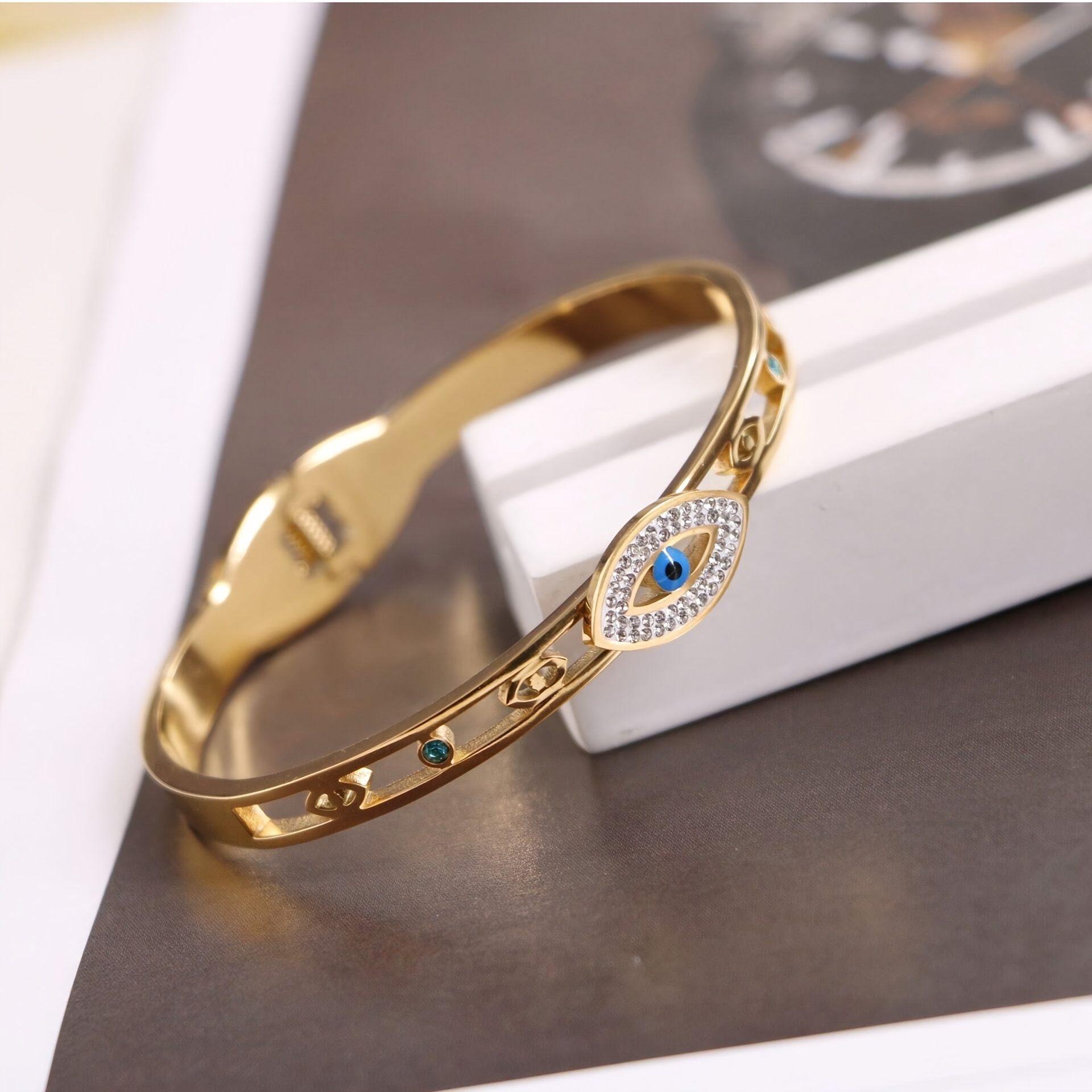 

1pc, Evil Eye Stainless Steel Bracelet, 18k Golden Plated, Vintage Elegant Style, Rhinestone Mosaic, Hollow Spring Open Cuff, Unisex Fashion Accessory For Daily & Gift