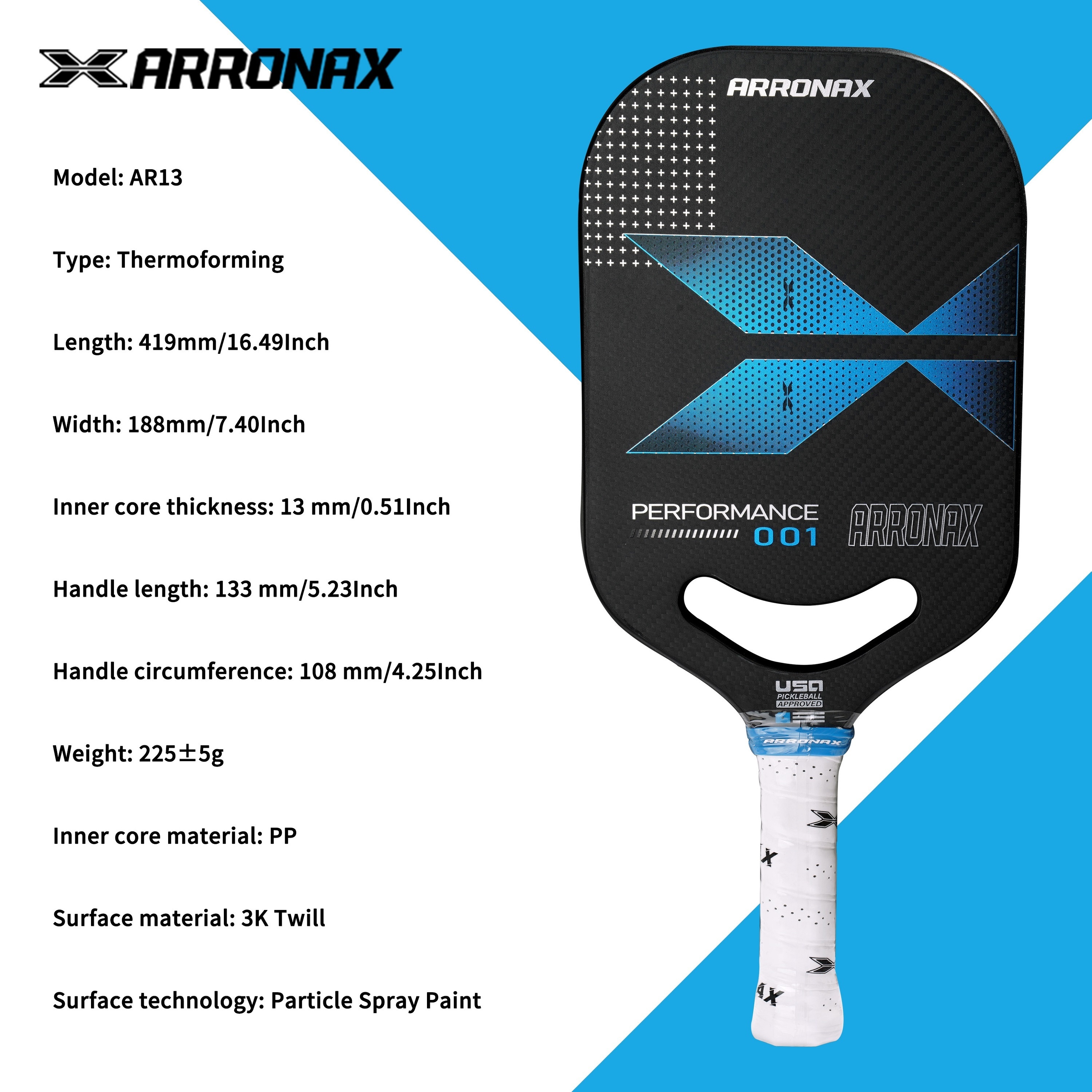 ピックルボール パドル ARRONAX 3Kカーボンファイバー 刃 青い ピックルボール パドル ARRONAX 3Kカーボンファイバー 刃 青い