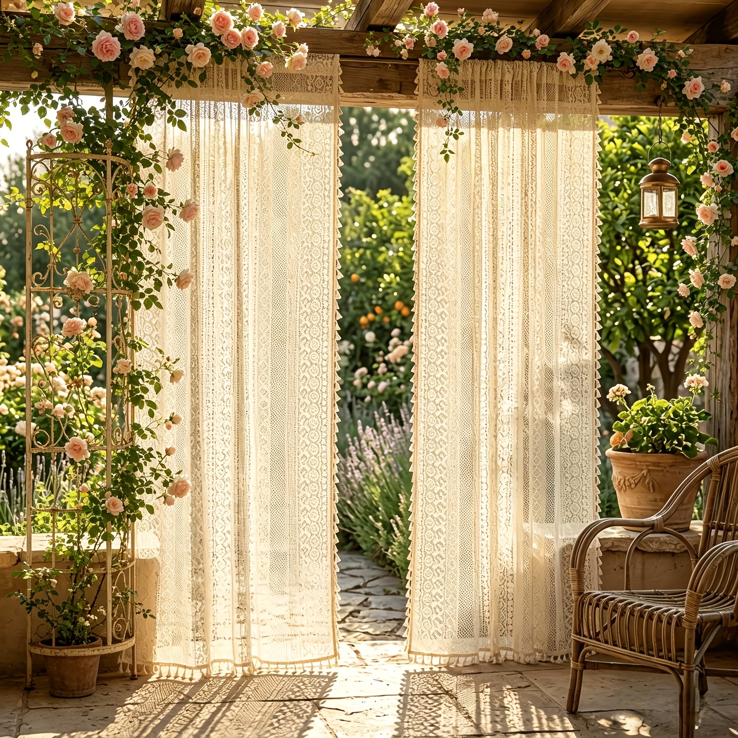 TEMU 2pcs Rideau Bohème Géométrique Léger en Dentelle Brodée à Franges en Gaze Villa Ferme Tulle Transparent Rideau de Café Cool Cour Rideau de