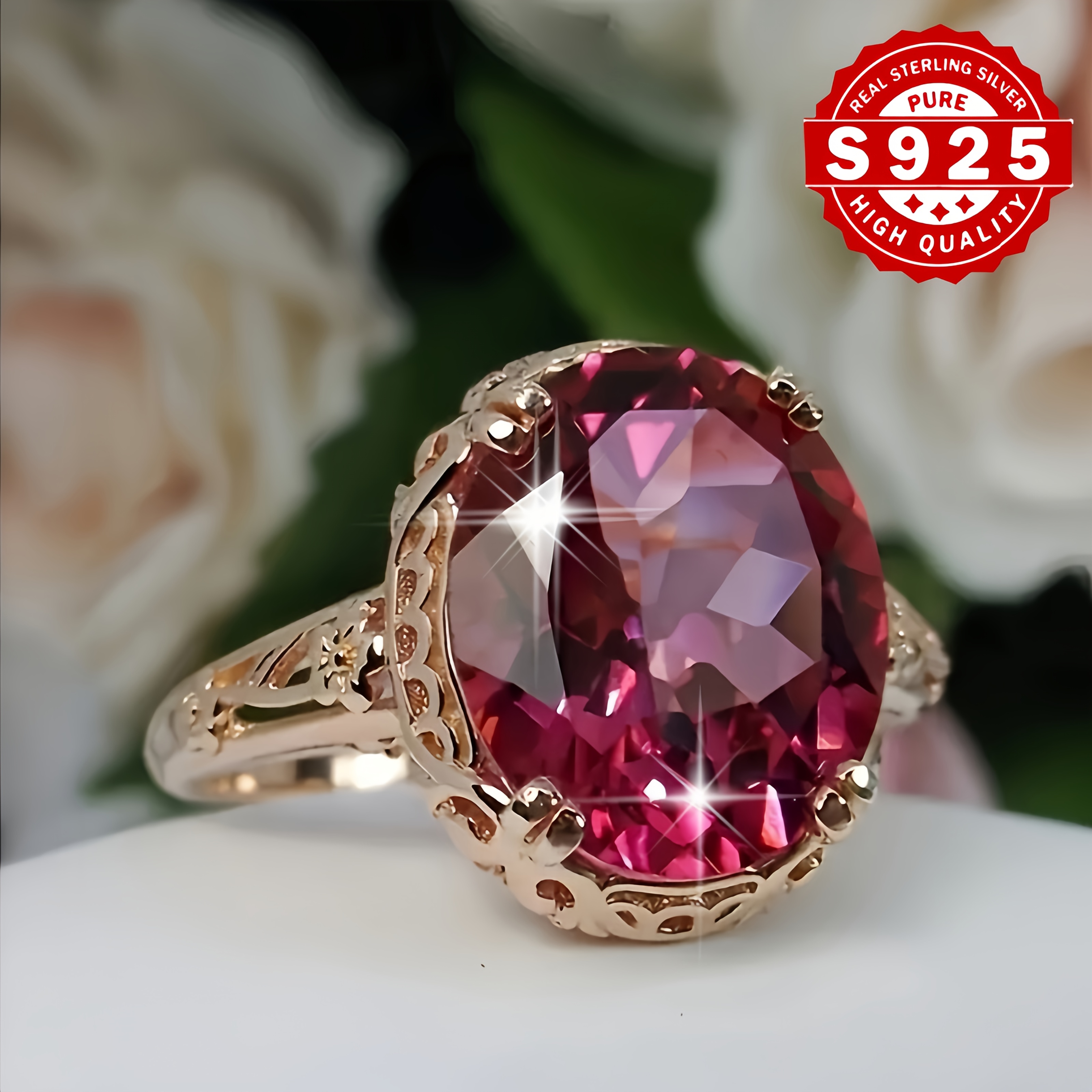 TEMU Cette pièce de bijouterie unique et présente un anneau de style vintage en argent 925, de fleurs romantiques sculptées à sur les côtés et
