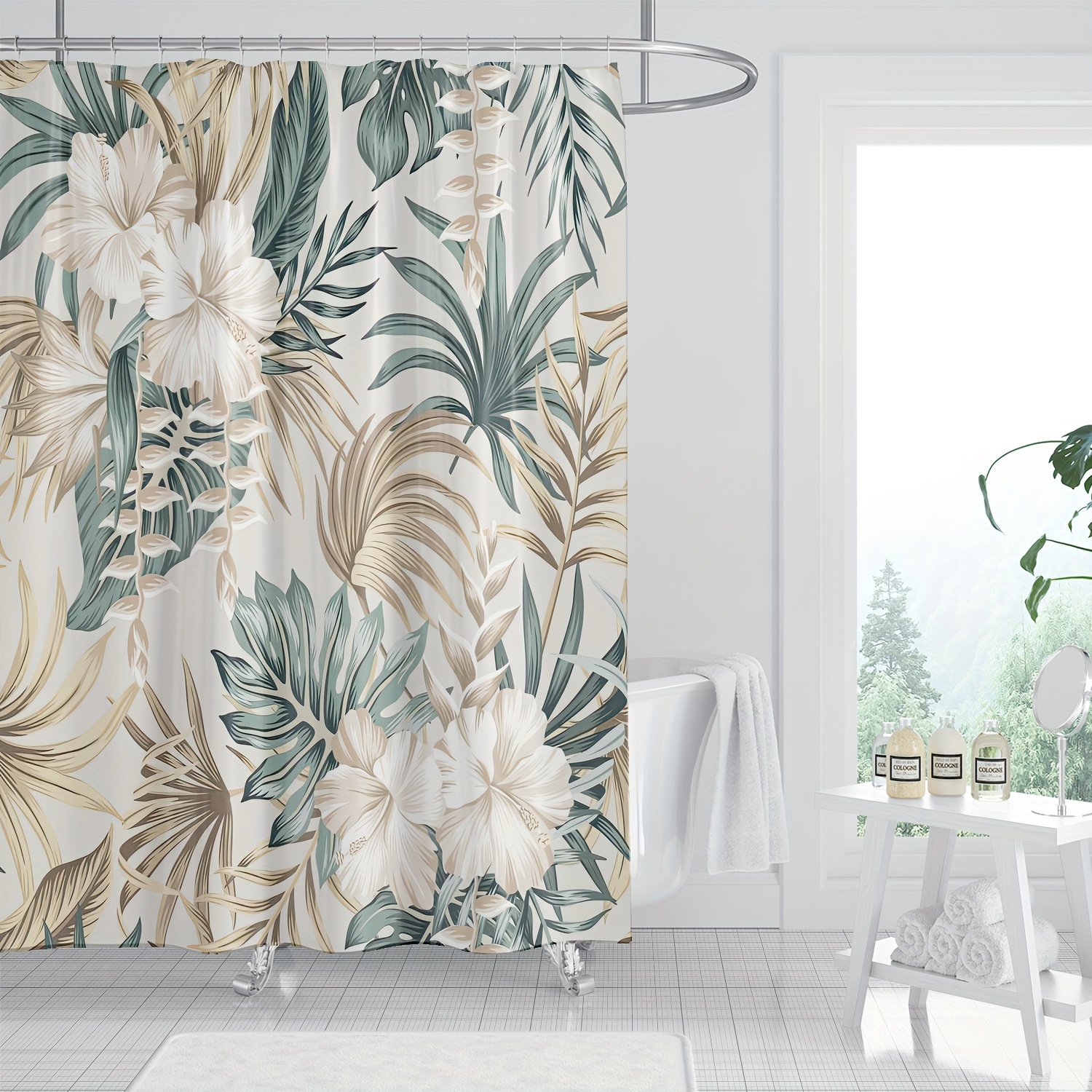

1pc Floral And Plant Pattern Shower Curtain, Waterproof Shower Curtain With Hooks, Bathroom Partition, Bathroom Accessories, Home Decor