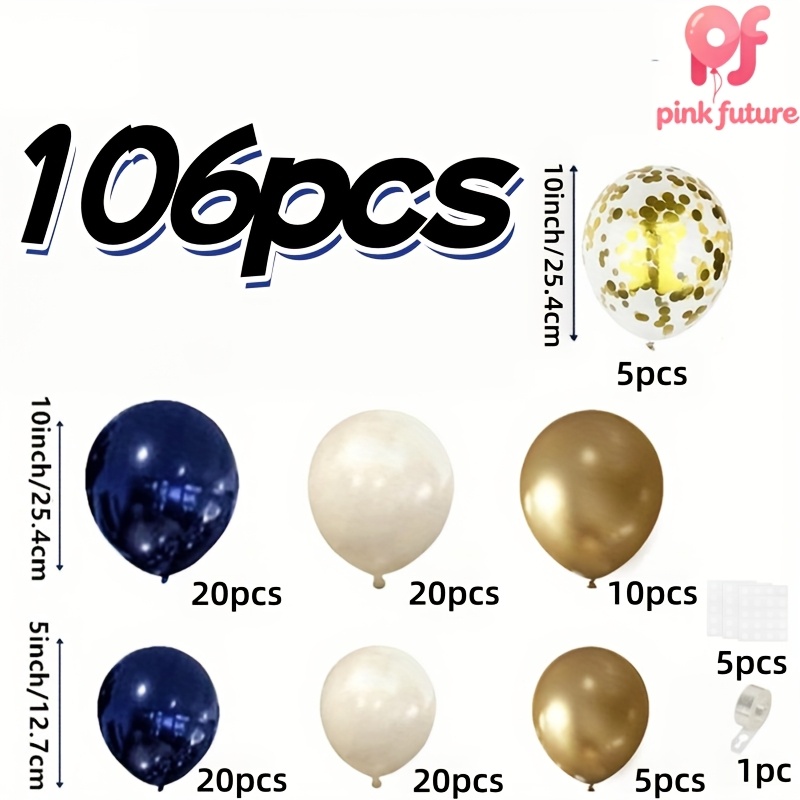 TEMU 106pcs Navy White Metal Balloon Wreath Arch Set, Golden Glitter Balloons, Suitable For Birthday Parties, Party Balloons, Graduation Season, Baby