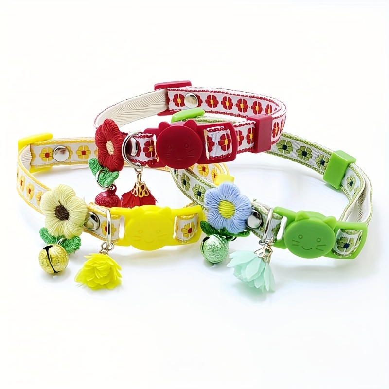 

1pc Adjustable Original Embroidered Pet Collars With Safety Buckle, Floral Cat Collar With Bell And Charm, Durable And Cute Pet Accessories