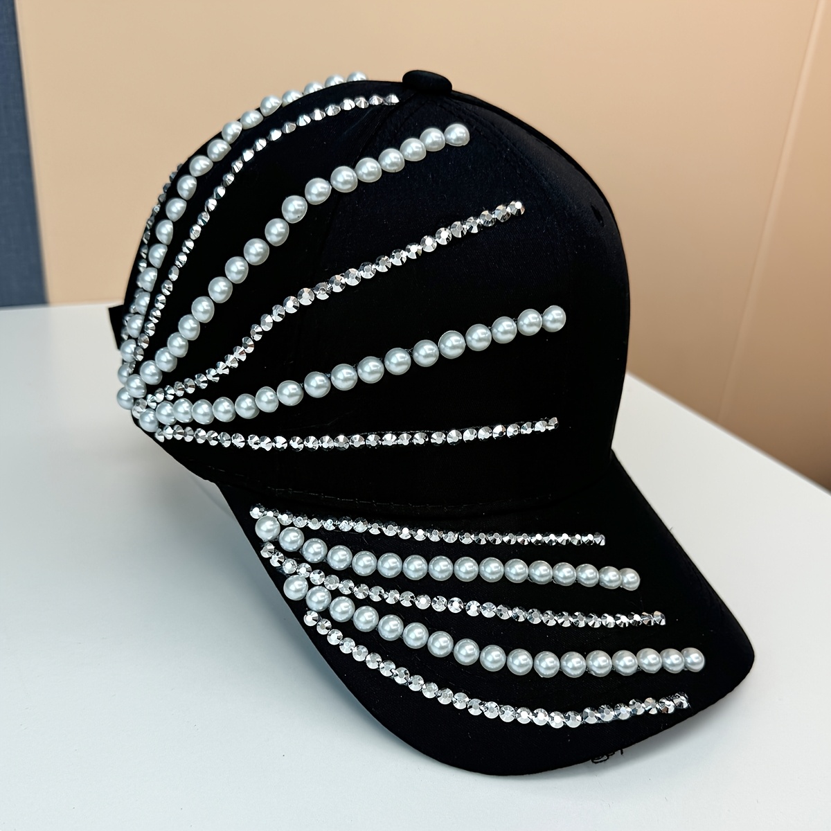Women's Side Rhinestone Pearl Black Baseball Cap, Spring Autumn Outing Fashion Hat, Handmade, Random Accessory Placement