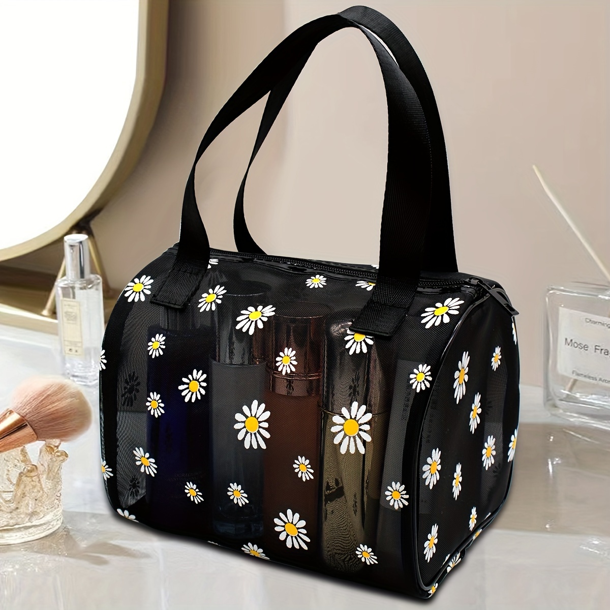 

Large Capacity Mesh Tote Bag With Daisy Design, Portable Cosmetic Bag Suitable For Home & Travel Use, Makeup Organizer With Sturdy Handles