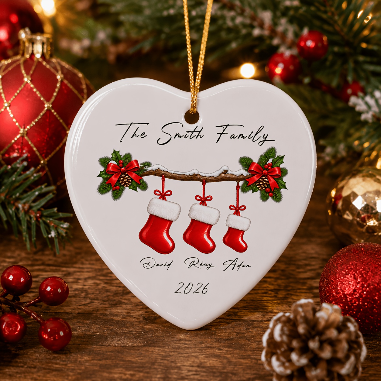 TEMU Personalized Family Christmas Ornament For Tree, Custom Name Ceramic Heart Keepsake With Stockings & , 2026 Decor, Family Gift For Parents,