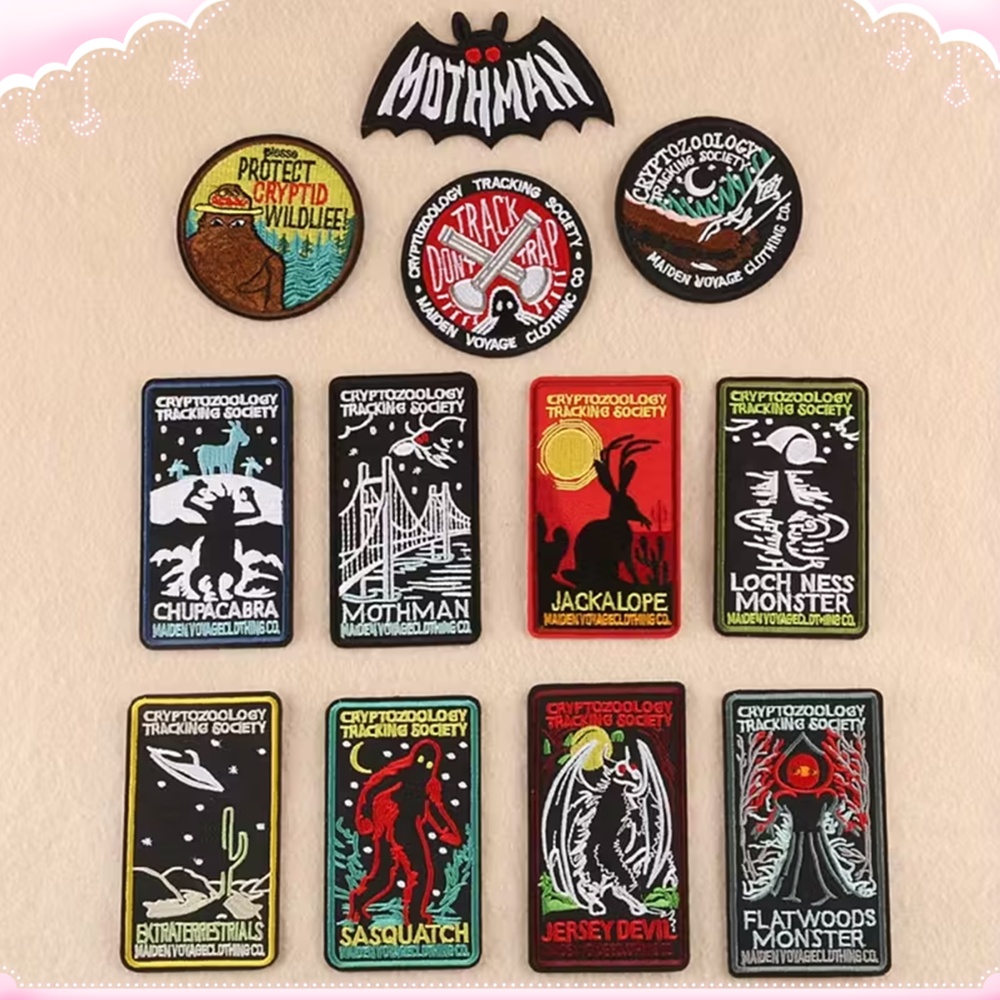TEMU 12/set Cryptozoology Tracking Embroidered Iron-on Patches - Mothman Patch, Protect Circular Letter Patch Rectangular Badge Clothing Additions