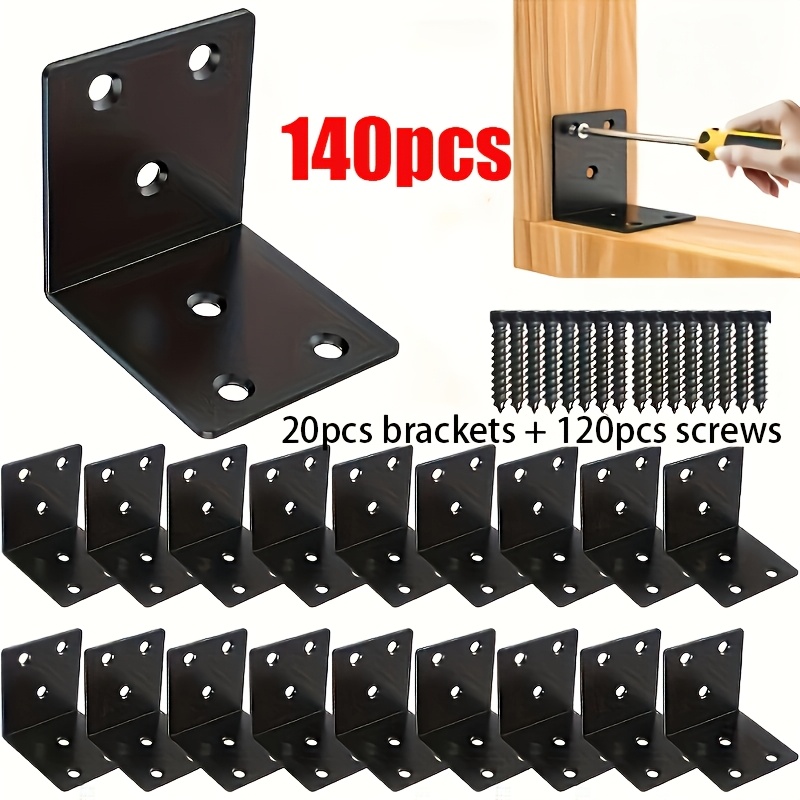 TEMU 140pcs Heavy-duty Black Metal Bracket Set (20 Brackets + 140 Screws), Featuring Pre-drilled Holes And Rounded Edges For Easy Assembly, 90-degree
