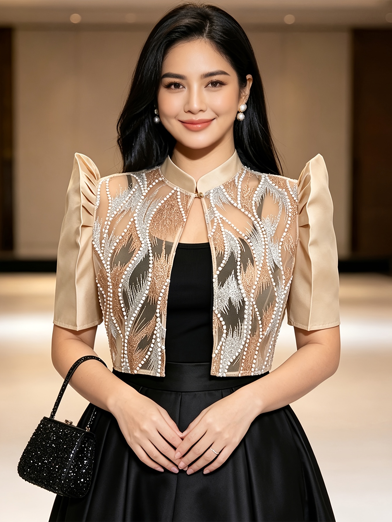 item picture womens       bolero blouse beaded embroidered puff sleeve short cropped top stand collar traditional filipino formal cover up