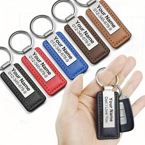 graviertes pu-leder schlüsselanhänger mit edelstahl id-anhänger - personalisierbarer name und telefonnummer schlüsselkette für männer, vatertagsgeschenk, langlebiges pu-leder & metallmaterial, verfügbar in schwarz, , rot, blau
