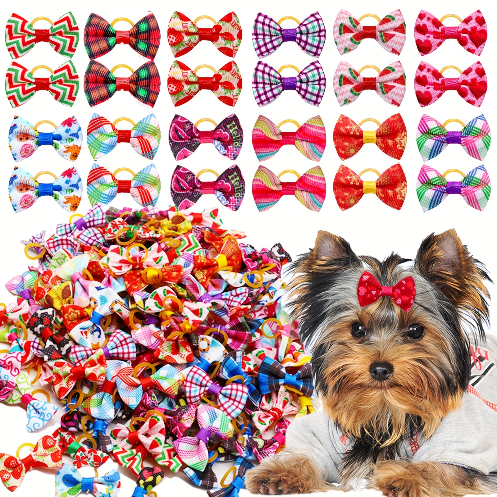 Dog Bows BIPY 50Pcs/Pack Halloween Pet Hair Bows With Rubber Bands For Small Dogs Cats Puppies Hairbands Topknot Assorted Grooming Accessories For Long Hair Dog Bows With Rubber Bands