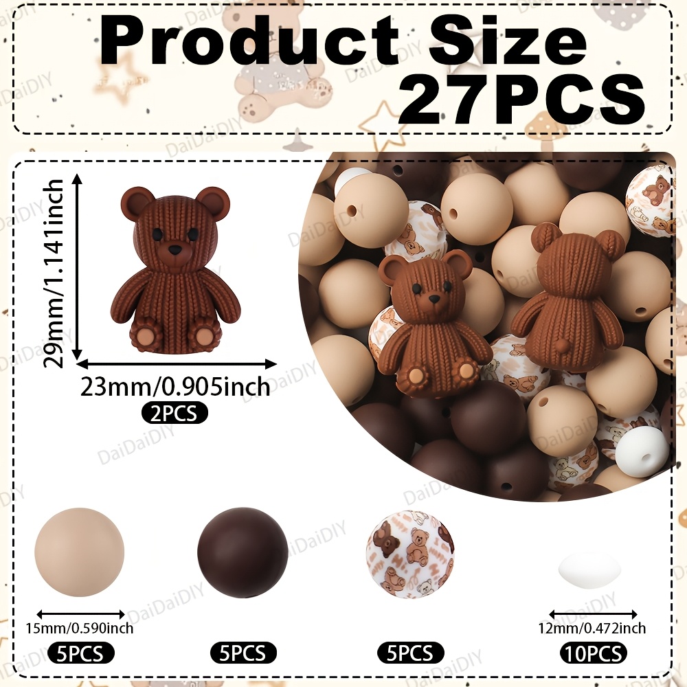 TEMU Juego de 27 cuentas de silicona 3D de oso marrones, con cuentas redondas de 15 mm con estampado de oso, adecuadas para hacer joyas, aretes,