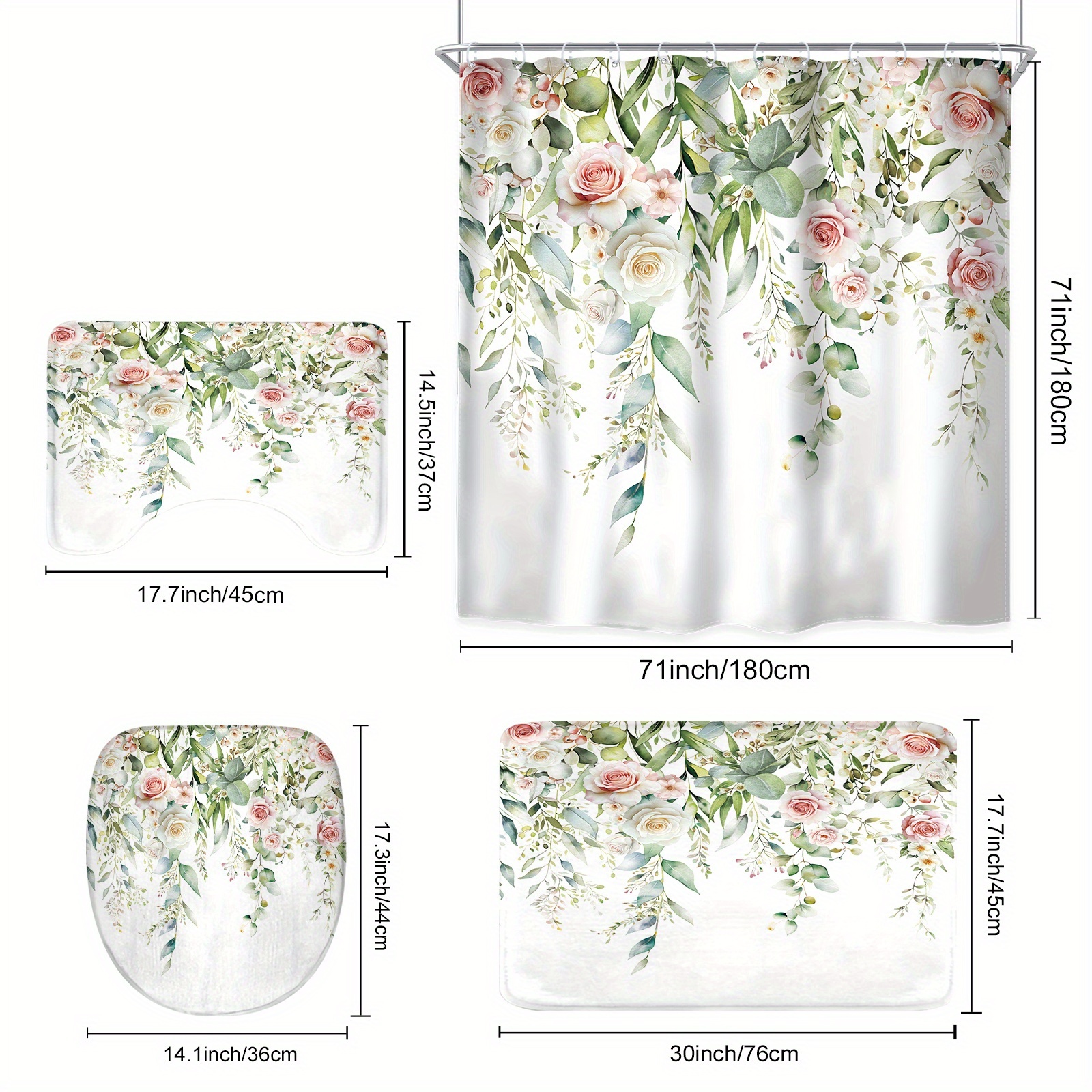 TEMU 4pcs Green Eucalyptus Curtain Set, Watercolor Floral Greenery Modern Shower Curtain With 12 Hooks, Non-slip Bathroom Floor Mat, Toilet U-shaped Mat, Cover Mat, Bathroom Accessories, Home Decor