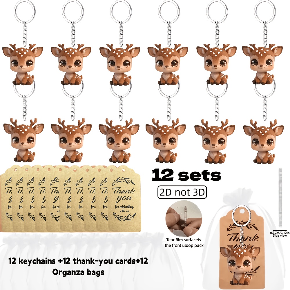 TEMU 2d Flat, 2d , Gift For Her/him - 12pcs Cute Deer Element Keychain Set, 2d Flat Keychain Party Favor Kit - Includes 12 Acrylic 2d Design