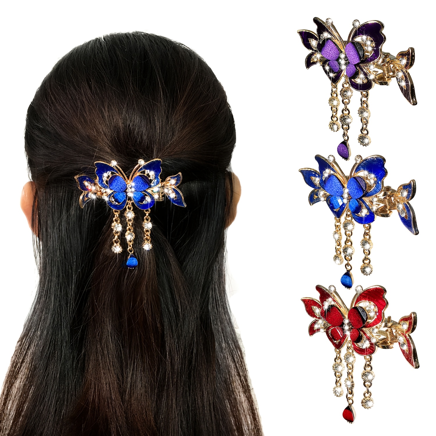 

3pcs Sparkling Hair Clip, Butterfly Tassel And Diamond Jewelry, Retro Bohemian Tail Hair Tie