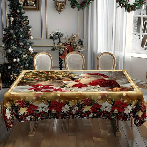 item picture 1pc of a cozy christmas tablecloth featuring a print of santa claus and reindeer in a snowy scene with floral patterns on the edges the vibrant colors enhance the festive atmosphere making it suitable for holiday gifts