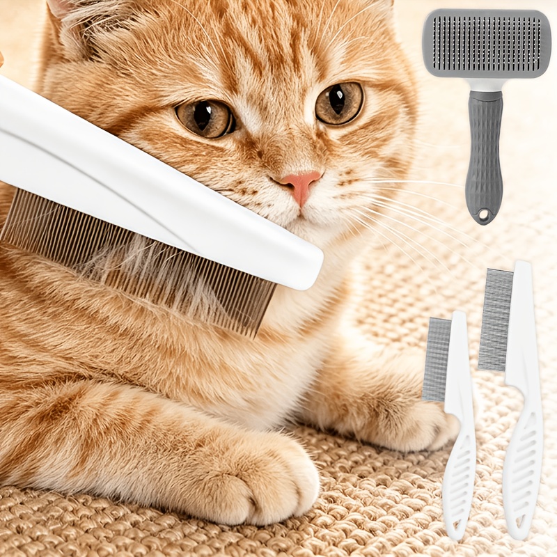 TEMU A 3pcs Set Consisting Of A Self-cleaning Sliding Brush And 2 Small Fine Toothed Combs, Designed To Remove Loose Hair, , And From Cats, Dogs, And