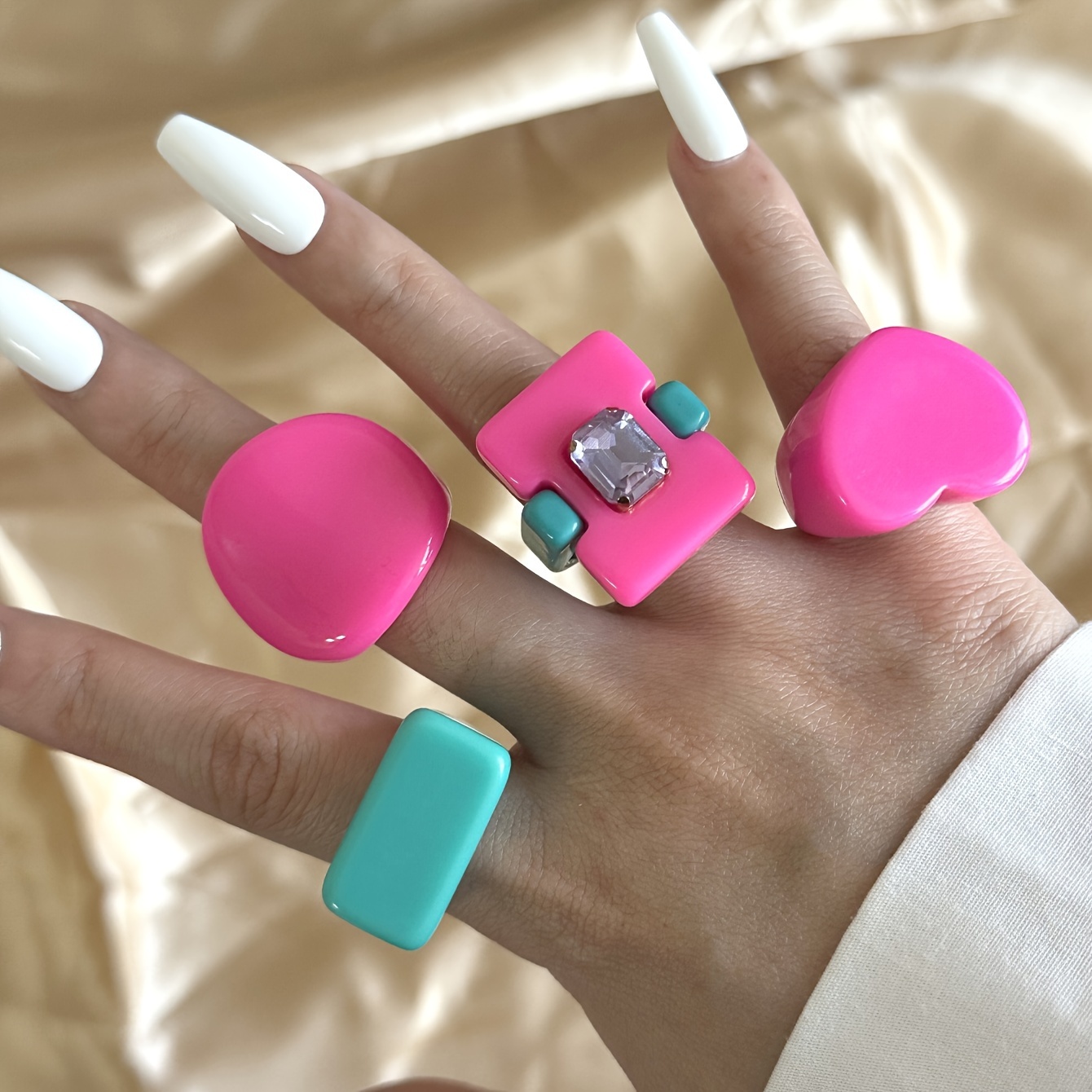 4pc Cute Pink Resin Ring Set for Women, Daily Matching