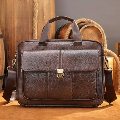 genuine cowhide leather business briefcase for men adjustable crossbody shoulder bag with 14 laptop compartment multiple pockets zipper closure durable polyester lining reinforced stitching for office commuting meetings professional carryall stitching sturdy construction corporate professionals