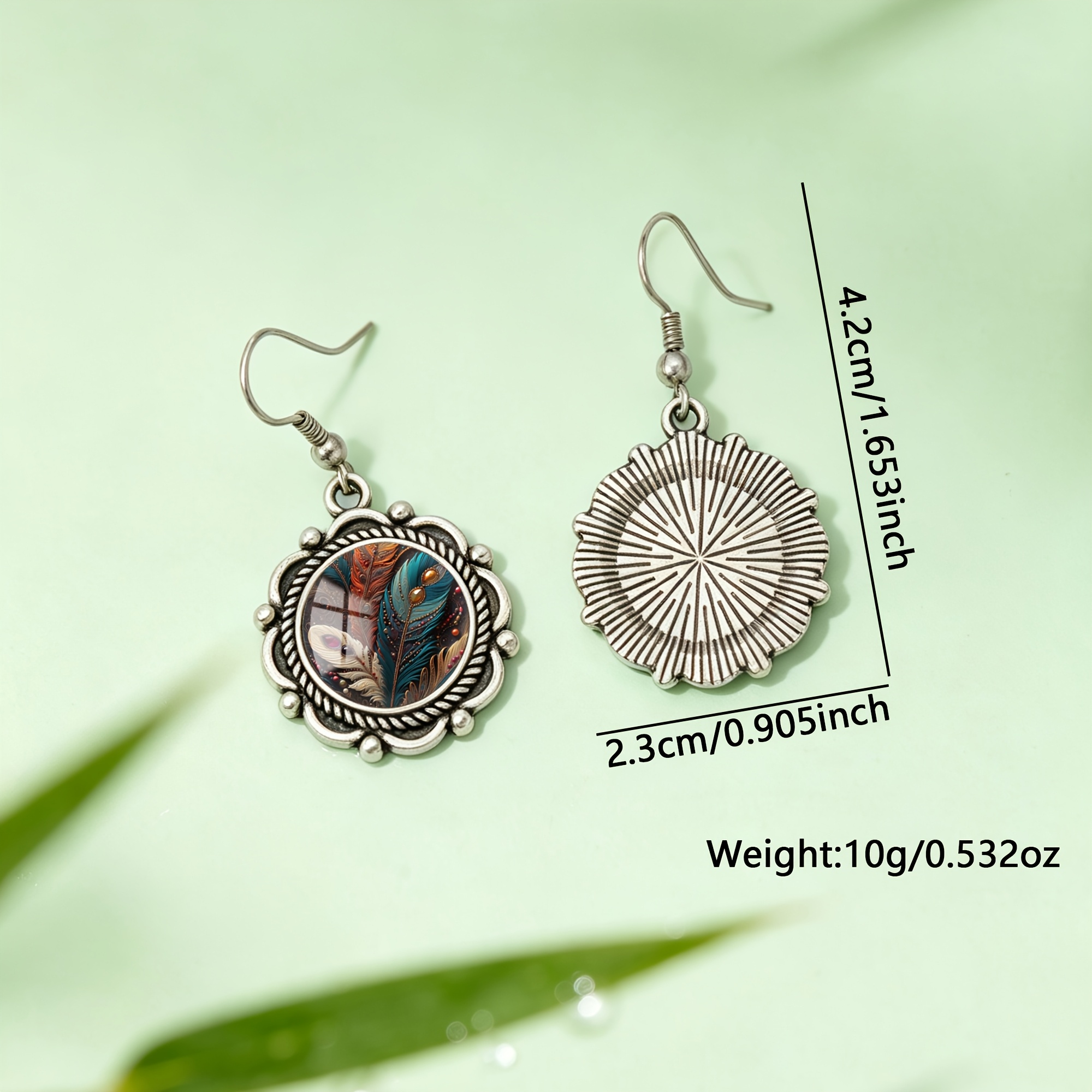 1 Pair Color-Block Feather Pattern Round Glass Scalloped Earrings