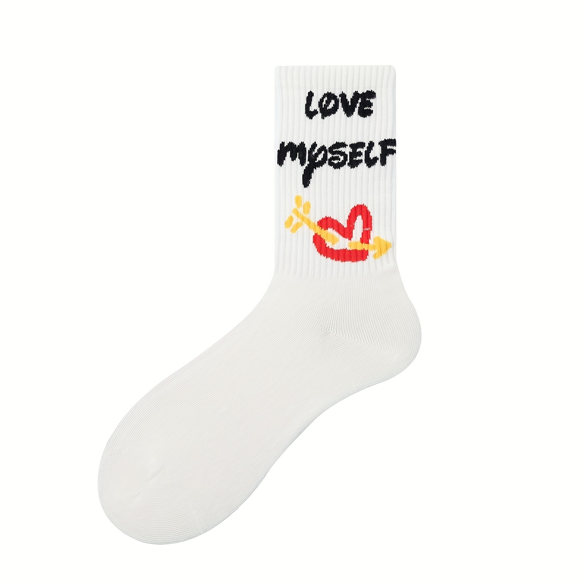 1 Pair Of Women' Socks With Heart, Arrow, And "love Mpself" Design Mid-calf Socks, Seamless And Comfortable Combed Fabric, Casual And Fashionable Versatile Wear