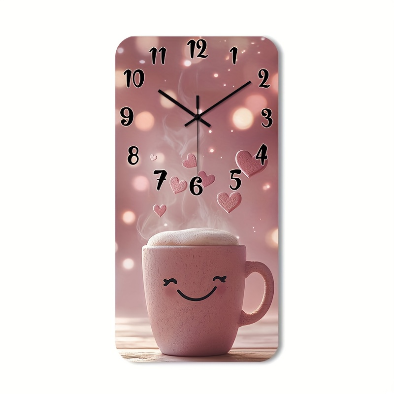 E-shop leise Wanduhr ohne , mit dekorativem quadratischem Design und hochauflösender, glänzender Oberfläche. Sie zeigt einen lächelnden Kaffeebecher