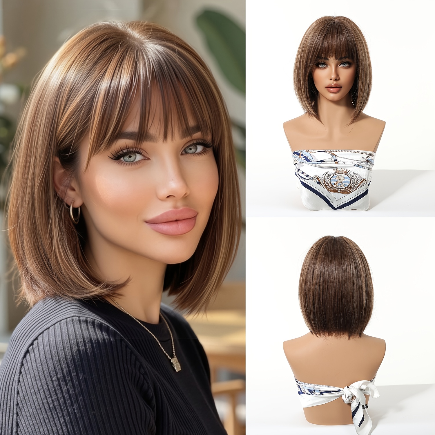 Image of 10-inch Dark Brown & Light Blonde Short Bob Wig Suitable For Commuting, Straight Hair With Dark Brown Highlights & Light Golden Volume, Daily Hairstyle For,, Social Events - Suitable For Tones