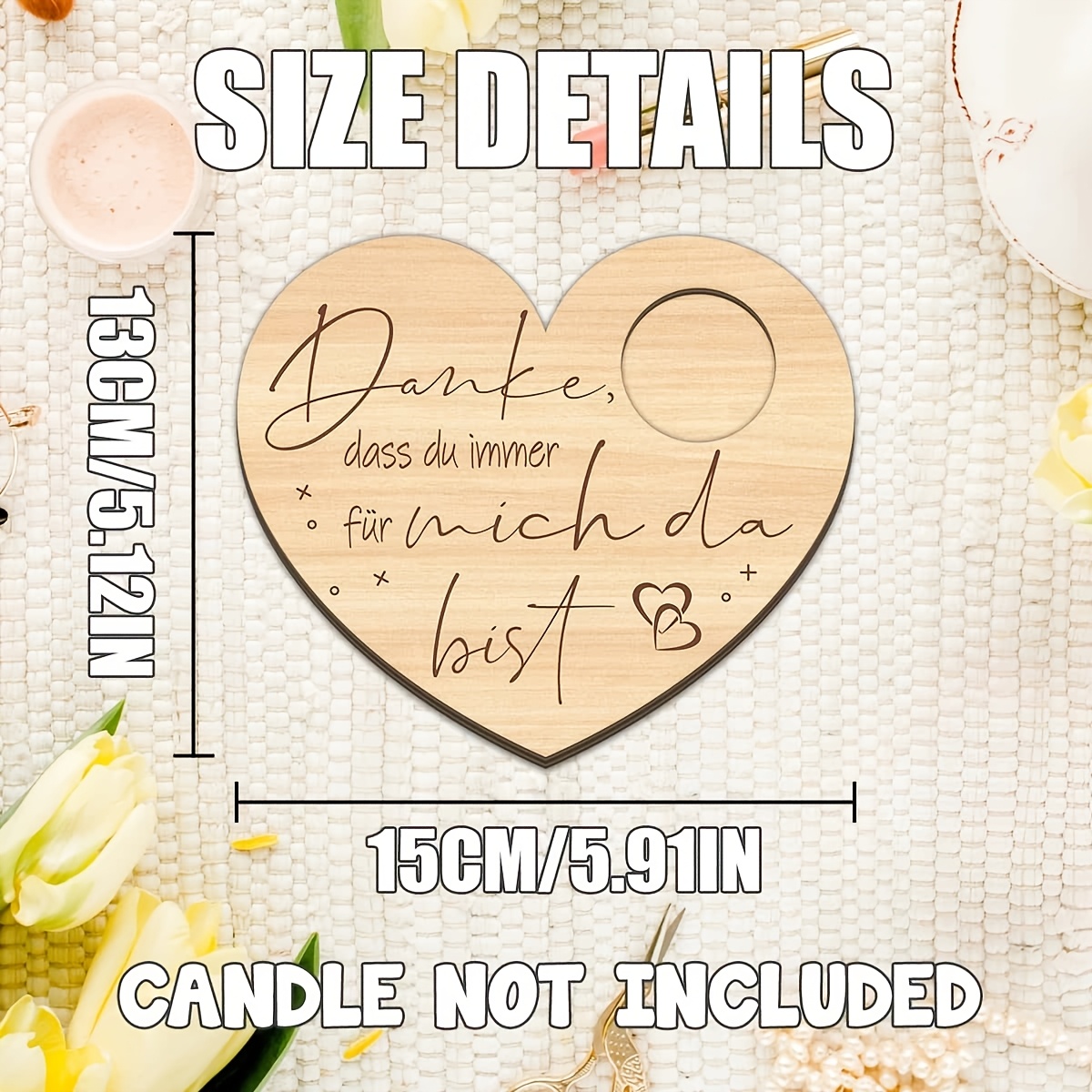 Image of Heart-shaped Decorative Wooden Candle Holder For Mothers, Featuring A German . For Mother's Day Celebrations And Tabletop Decor. Candle Not Included
