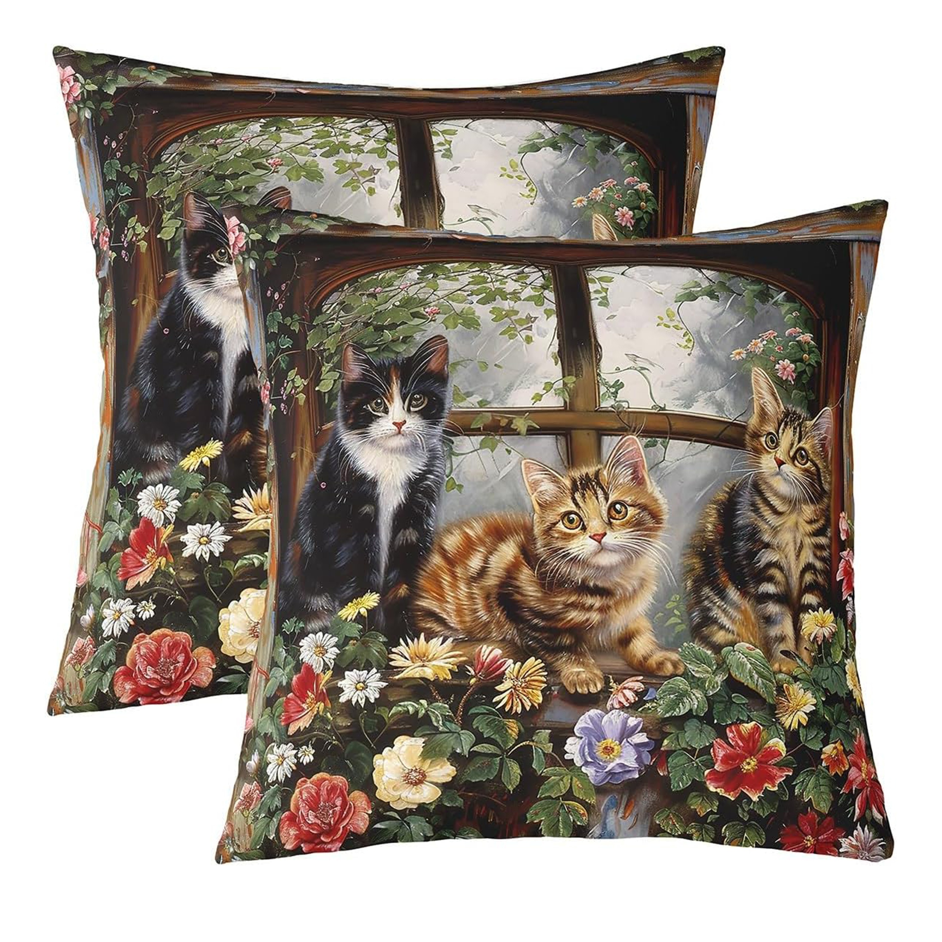 

Contemporary Cute Cats Polyester Throw Pillow Covers Set Of 2 - Woven Decorative Pillowcases With Zipper Closure For Home Decor - Machine Washable Single Sided Printed Kitten & Floral Design