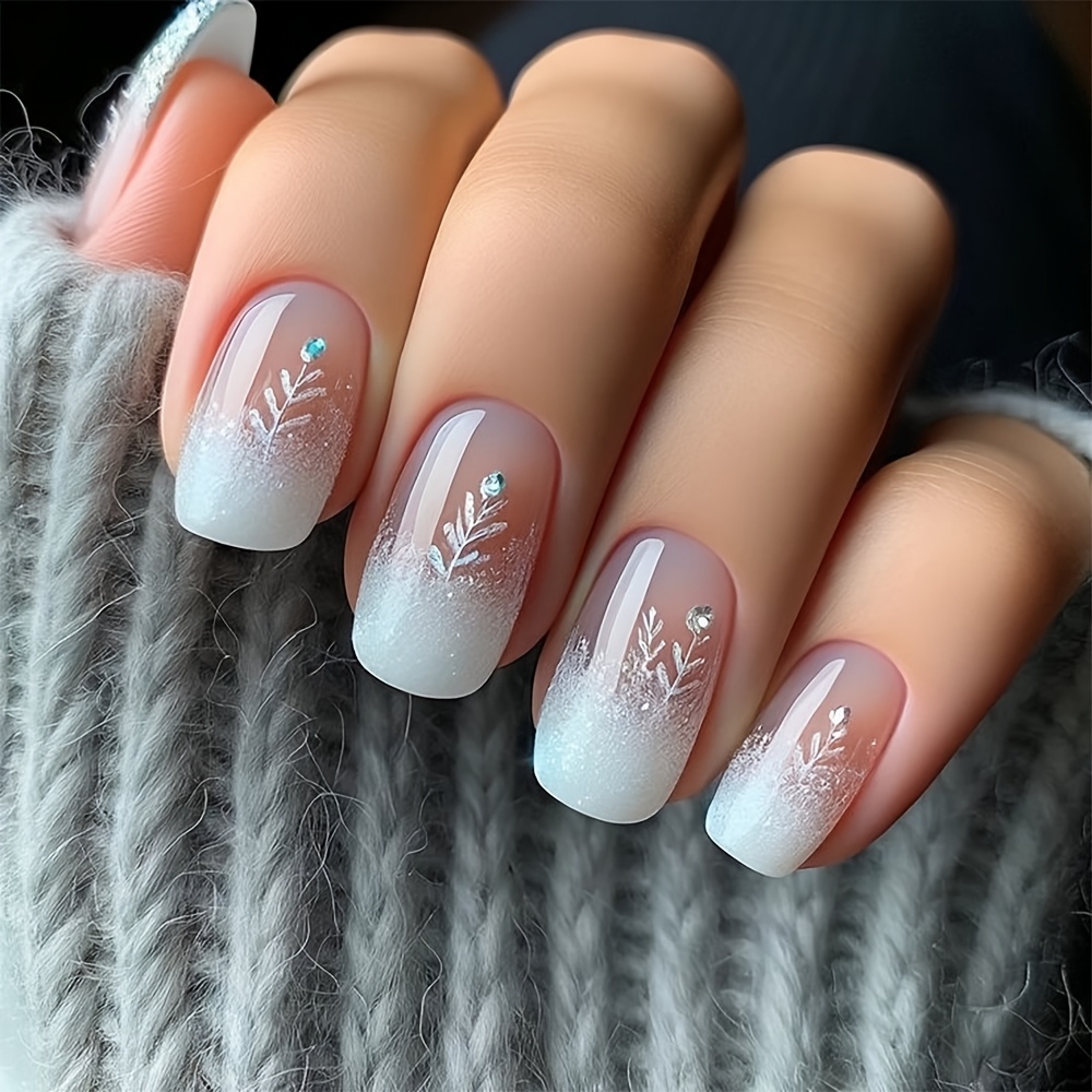 24pcs Glossy Medium Square Press On Nails Gradual Change Fake With Rhinestone Nails Shiny Artificial Reusable False Nails For Women
