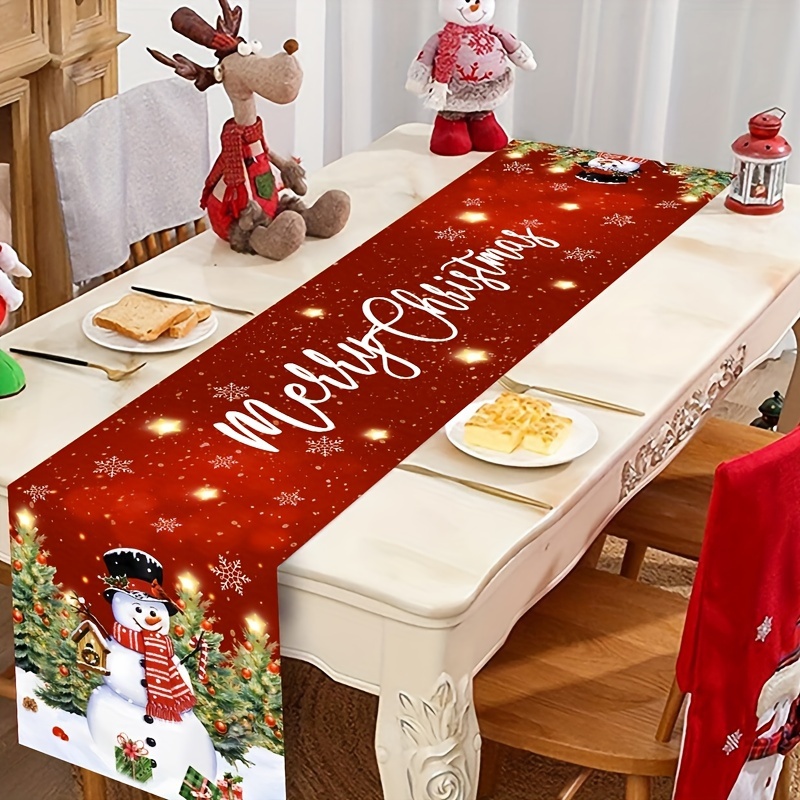 Polyester Woven Christmas Table Runner - Rectangular Holiday Table Decoration, Festive Snowman & Merry Christmas Design, Home & Kitchen Dining Decor, Holiday Season Table Accessory, 100% Polyester Fiber, Christmas Themed Tabletop Ornament - 1 Piece