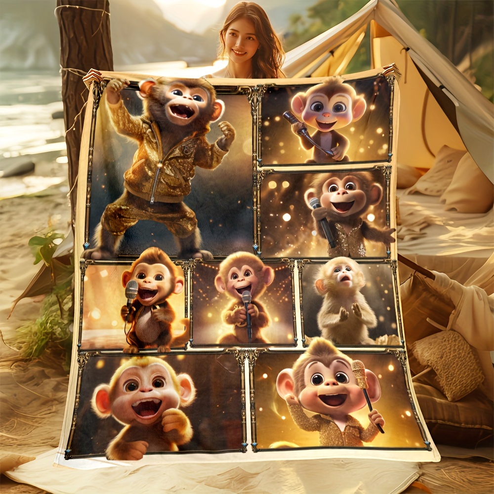 TEMU 1pc Cozy Lovely Golden Monkey Starlight Splice Print Blanket-lightweight Flannel Throw For Sofa, Bed, Livingroom, Office, Couch, Travel, Camping