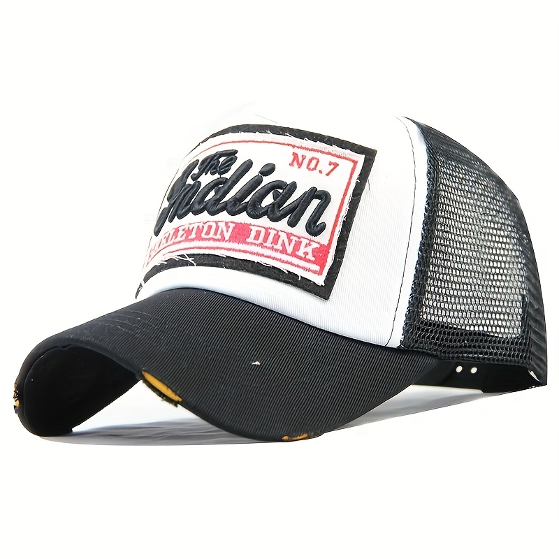 Image of 1pc Embroidered Letter Mesh Cap, Outdoor Casual Sports Baseball Cap, Adjustable Size, Color Block Style With Duckbill, Great For Parties, Gatherings, And